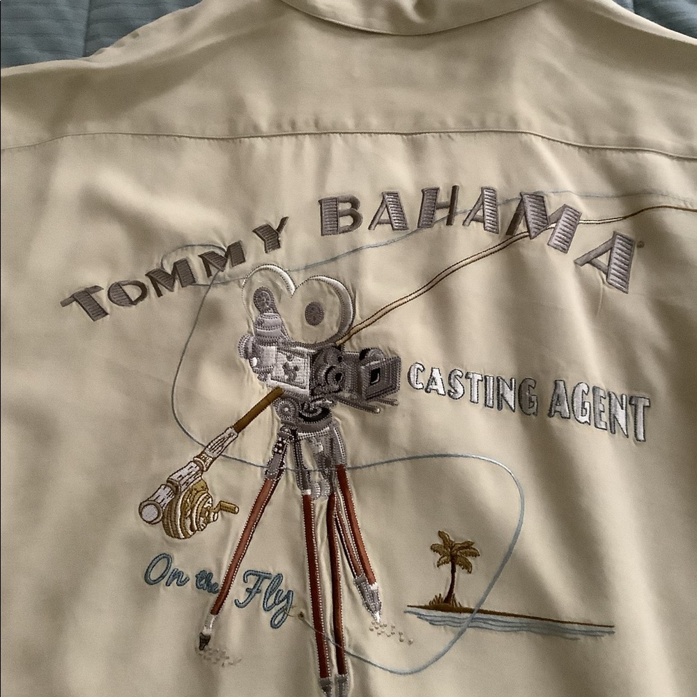 Tommy Bahama Camp Shirt. Size large. Casting Agent On The Fly embroidered.